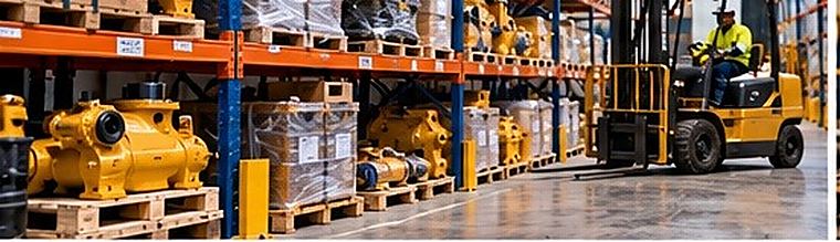 Warehouse racking stacked with palletised heavy-equipment parts