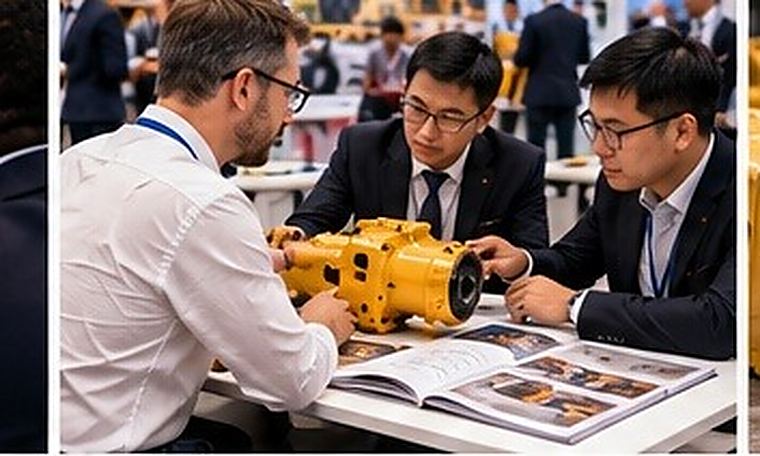 Buyers reviewing a component with suppliers at an industrial trade fair