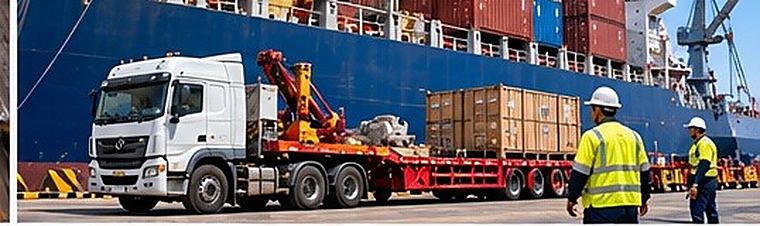 Crated cargo being loaded onto a flatbed beside a vessel