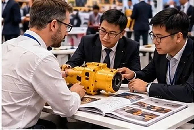 Buyers reviewing a component with suppliers at an industrial trade fair