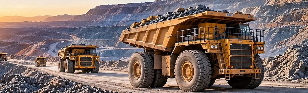 Haul trucks working an open-pit mine at sunrise