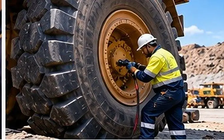 Technician servicing a haul-truck OTR tyre on site