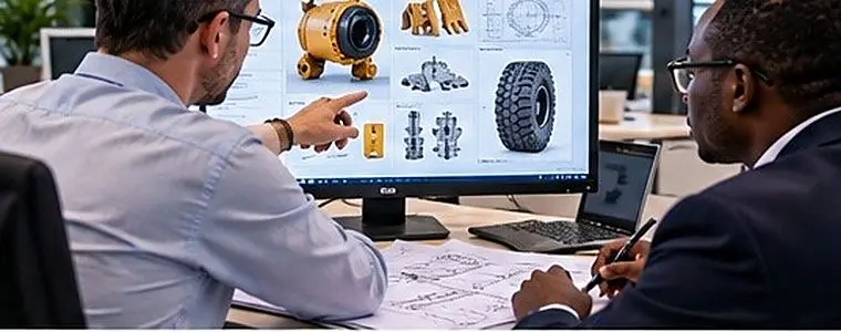 Procurement specialists reviewing component drawings on screen