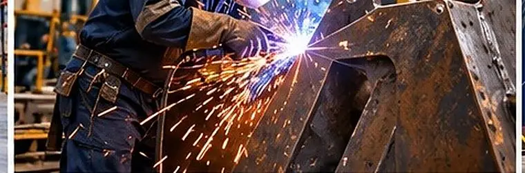 Welder cutting a heavy steel section in a workshop